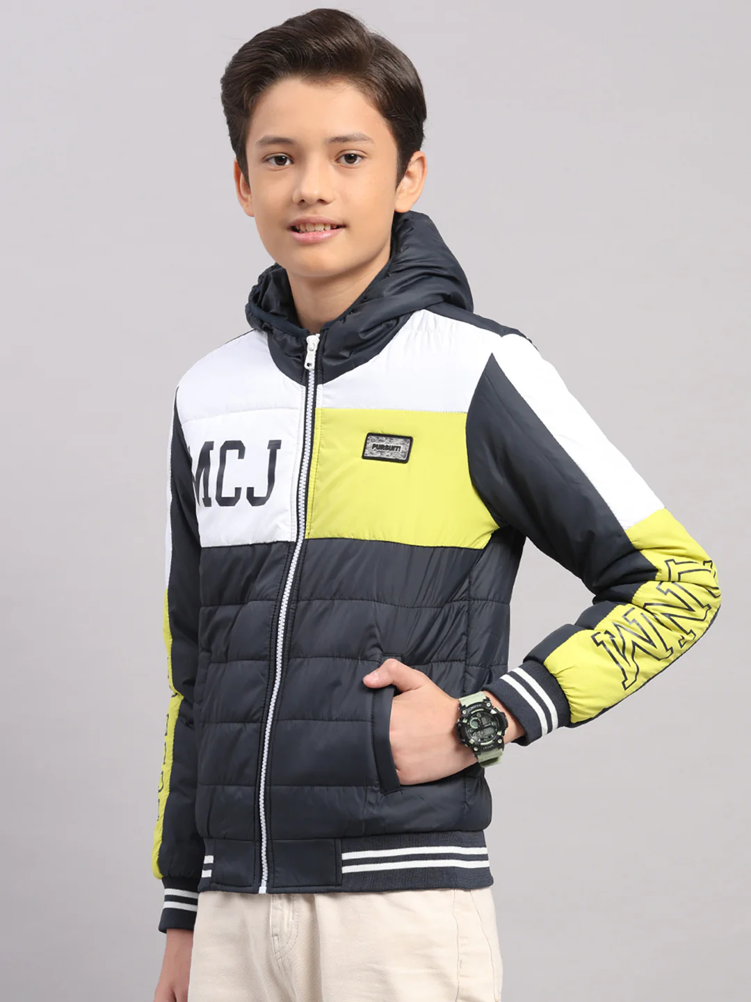Boys Navy Blue Printed Hooded Full Sleeve Jacket - Image 3