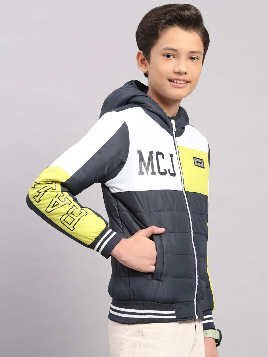 Boys Navy Blue Printed Hooded Full Sleeve Jacket - Image 4