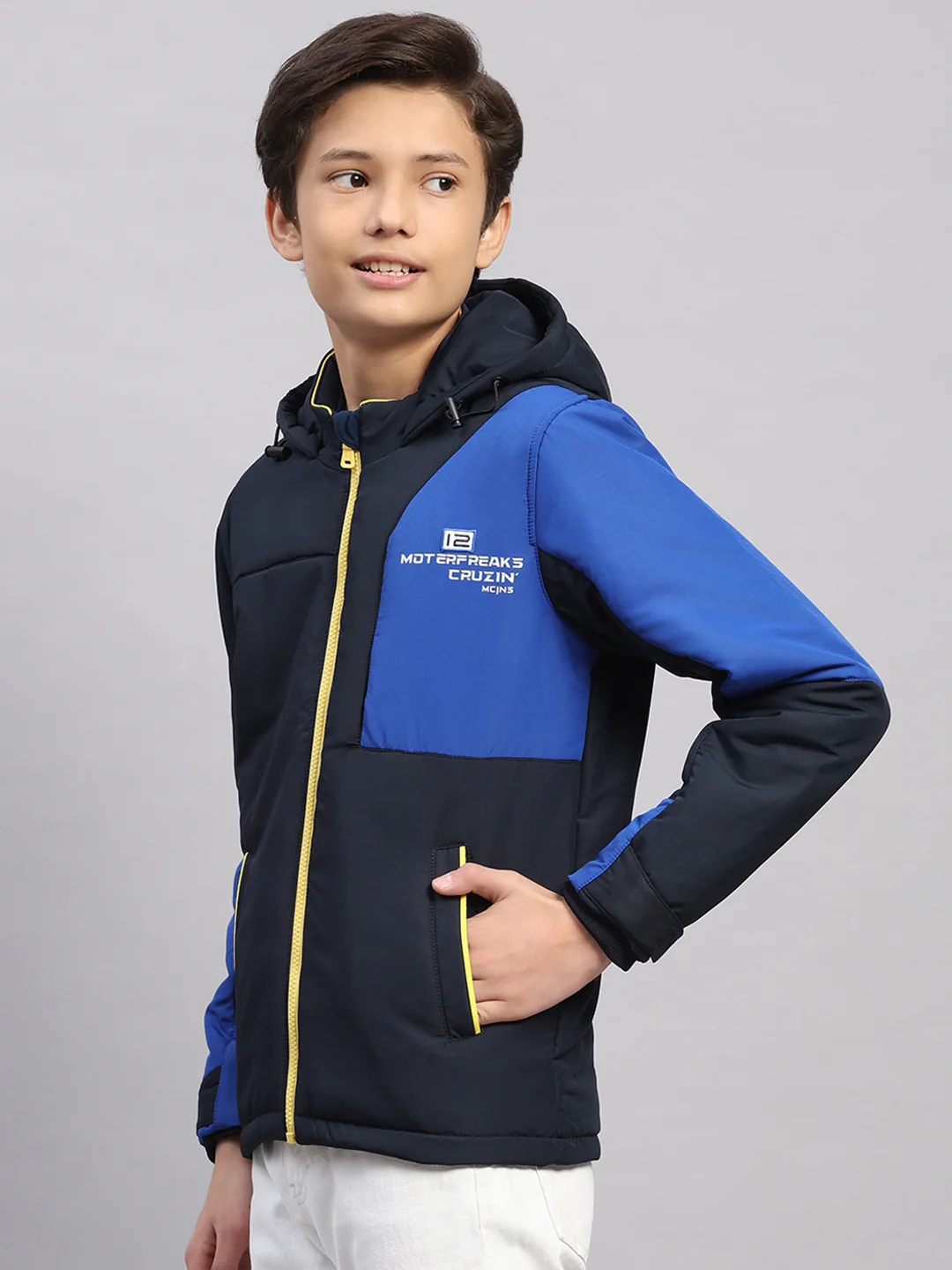 Boys Navy Blue Printed Hooded Full Sleeve Jacket - Image 3