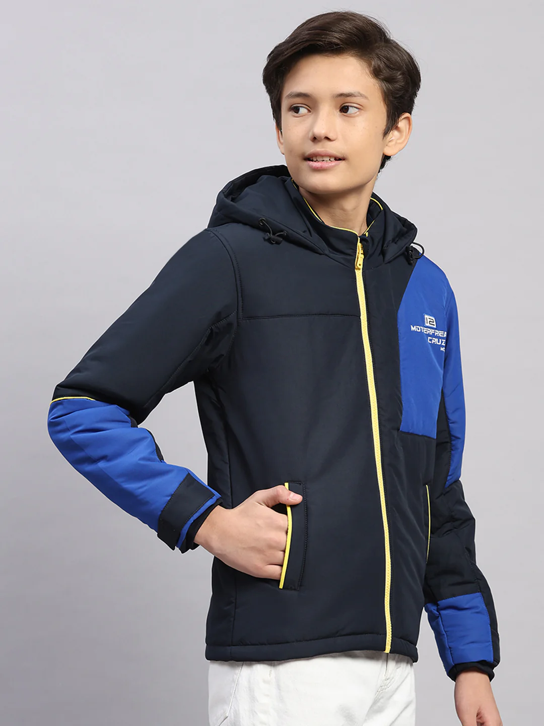 Boys Navy Blue Printed Hooded Full Sleeve Jacket - Image 4