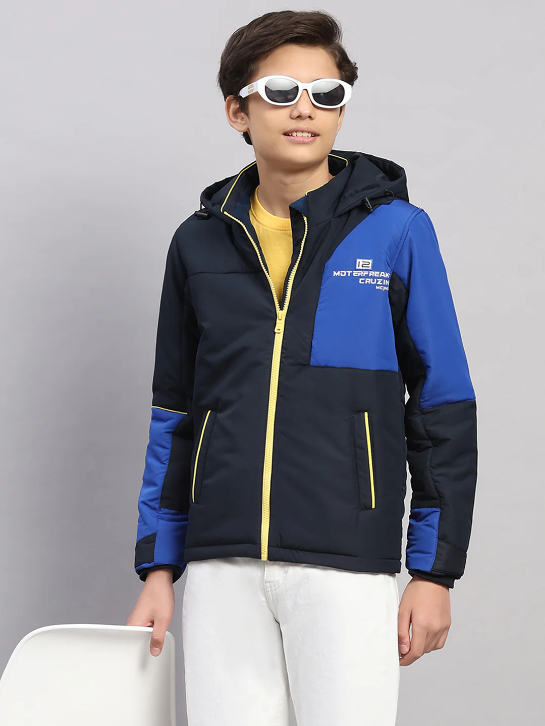 Boys Navy Blue Printed Hooded Full Sleeve Jacket - Image 6