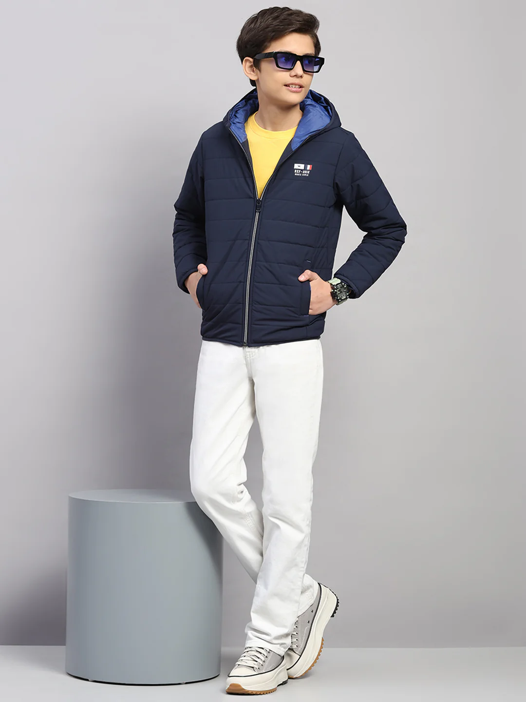 Boys Navy Blue Printed Hooded Full Sleeve Jacket - Image 2