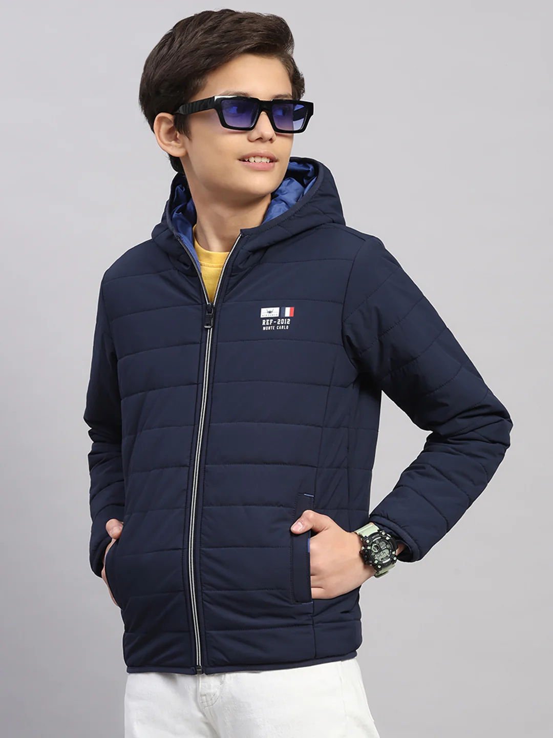 Boys Navy Blue Printed Hooded Full Sleeve Jacket - Image 3