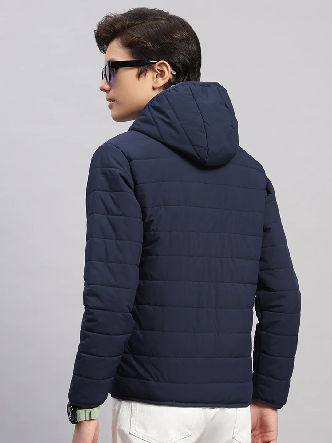 Boys Navy Blue Printed Hooded Full Sleeve Jacket - Image 5