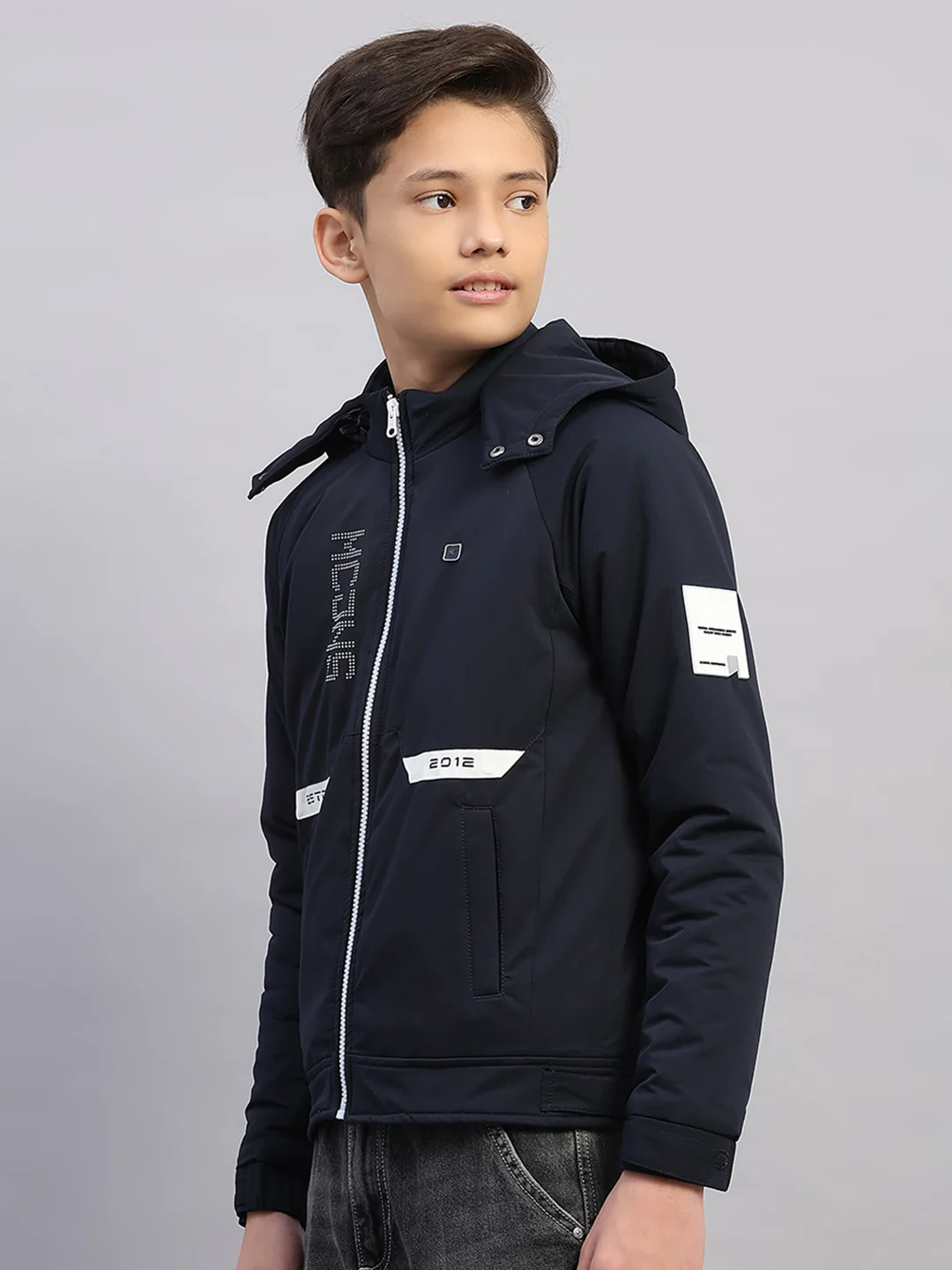 Boys Navy Blue Printed Hooded Full Sleeve Jacket - Image 3
