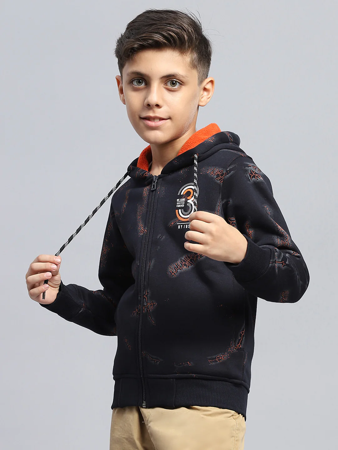Boys Navy Blue Printed Hooded Full Sleeve Sweatshirt - Image 3