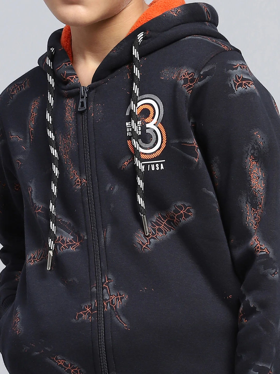 Boys Navy Blue Printed Hooded Full Sleeve Sweatshirt - Image 6
