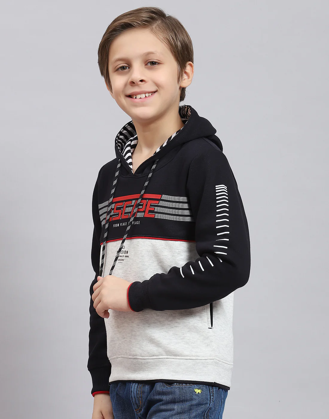 Boys Navy Blue Printed Hooded Full Sleeve Sweatshirt - Image 3
