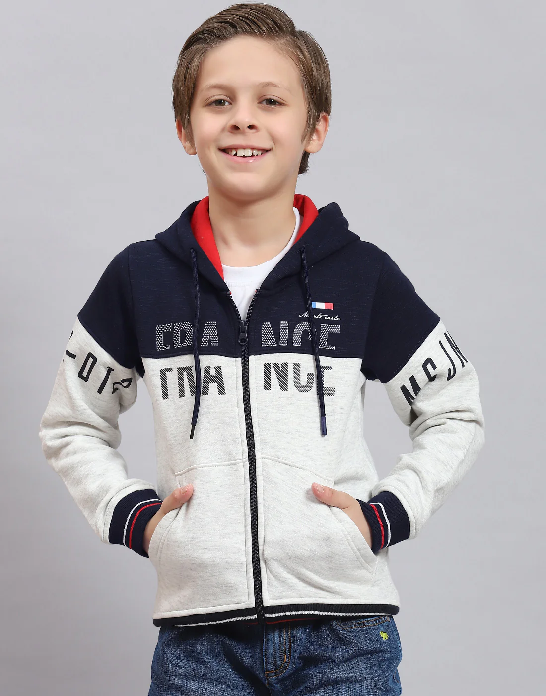 Boys Navy Blue Printed Hooded Full Sleeve Sweatshirt - Image 2
