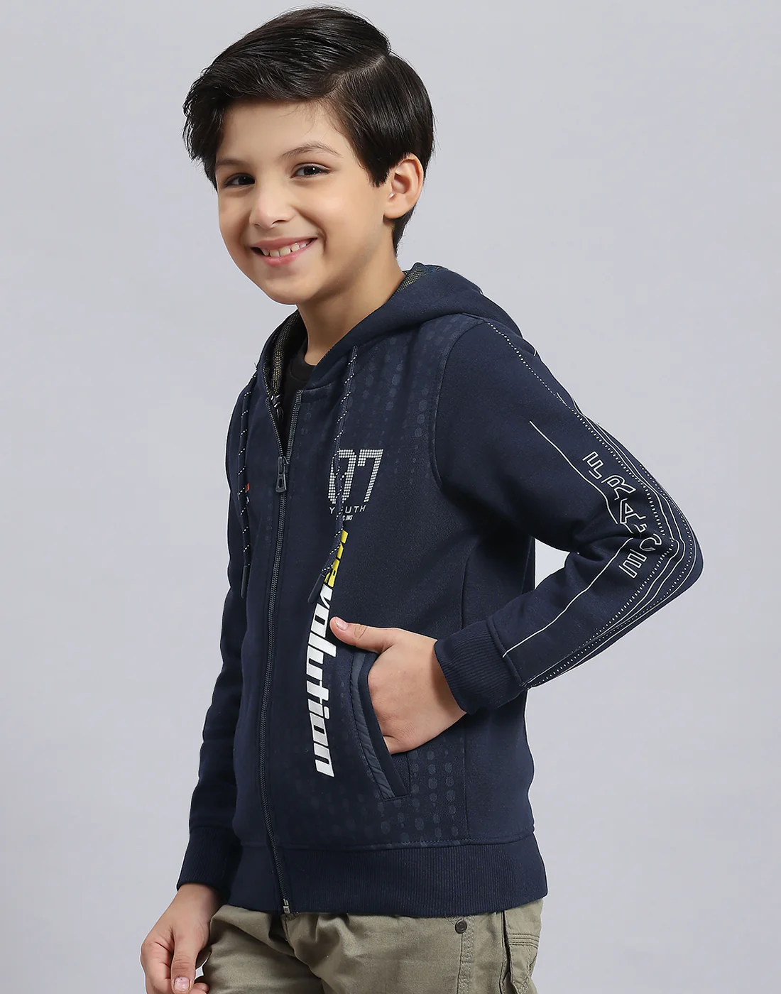 Boys Navy Blue Printed Hooded Full Sleeve Sweatshirt - Image 3