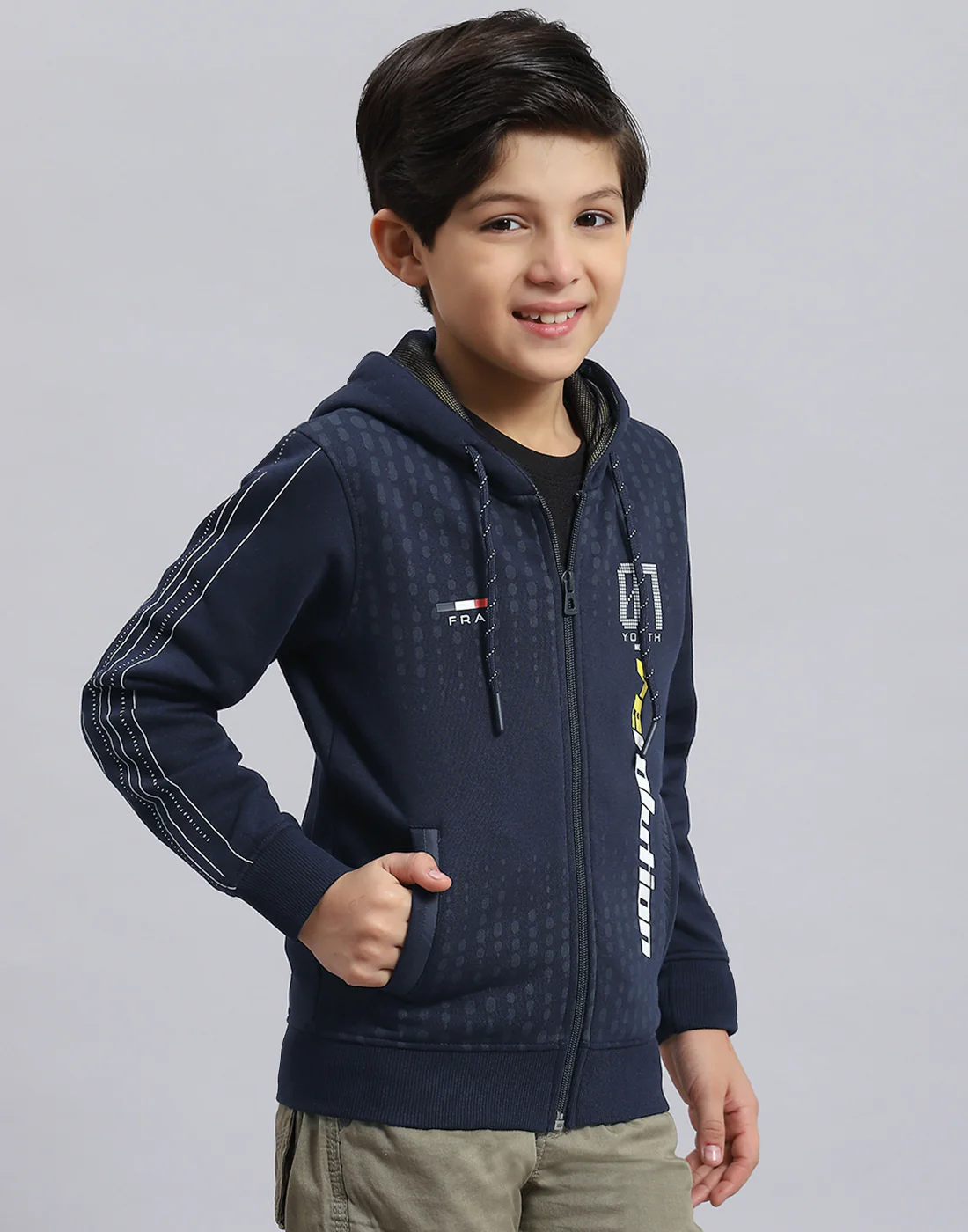 Boys Navy Blue Printed Hooded Full Sleeve Sweatshirt - Image 4