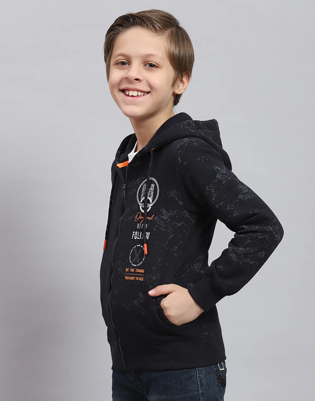 Boys Navy Blue Printed Hooded Full Sleeve Sweatshirt - Image 3