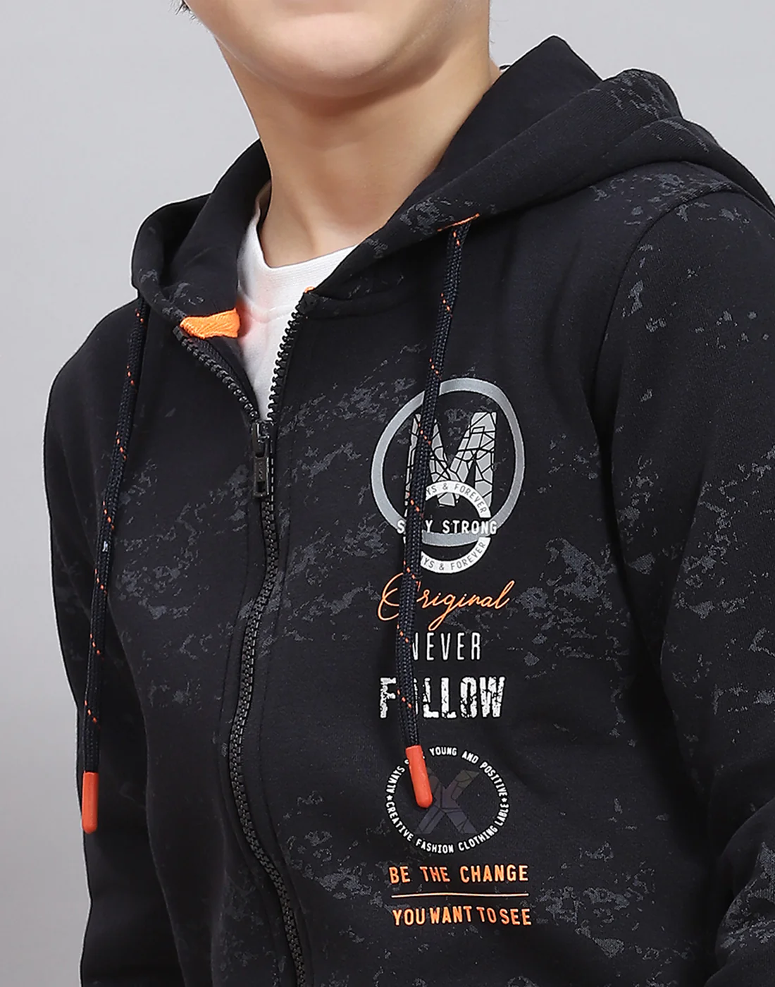 Boys Navy Blue Printed Hooded Full Sleeve Sweatshirt - Image 6