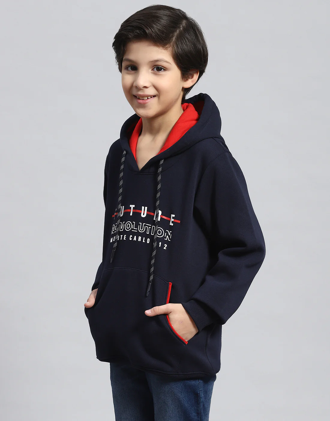Boys Navy Blue Printed Hooded Full Sleeve Sweatshirt - Image 3