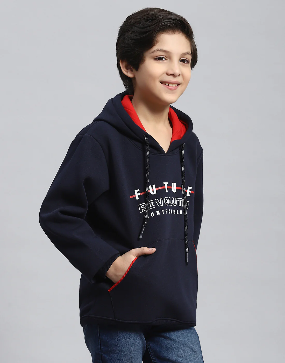 Boys Navy Blue Printed Hooded Full Sleeve Sweatshirt - Image 4