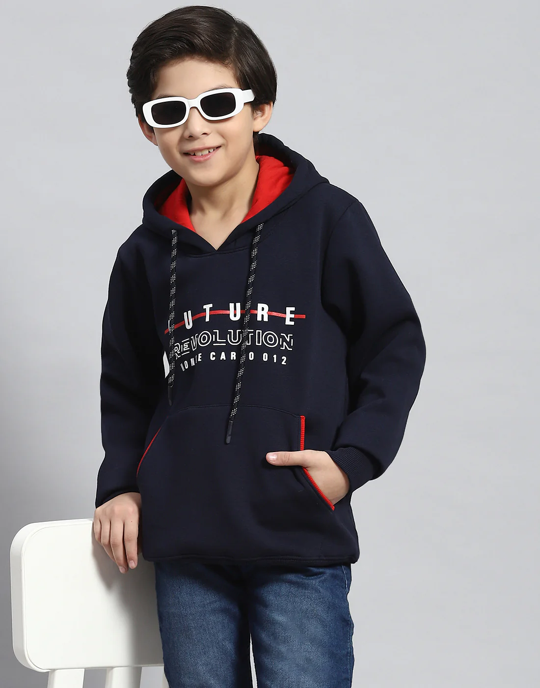 Boys Navy Blue Printed Hooded Full Sleeve Sweatshirt - Image 6