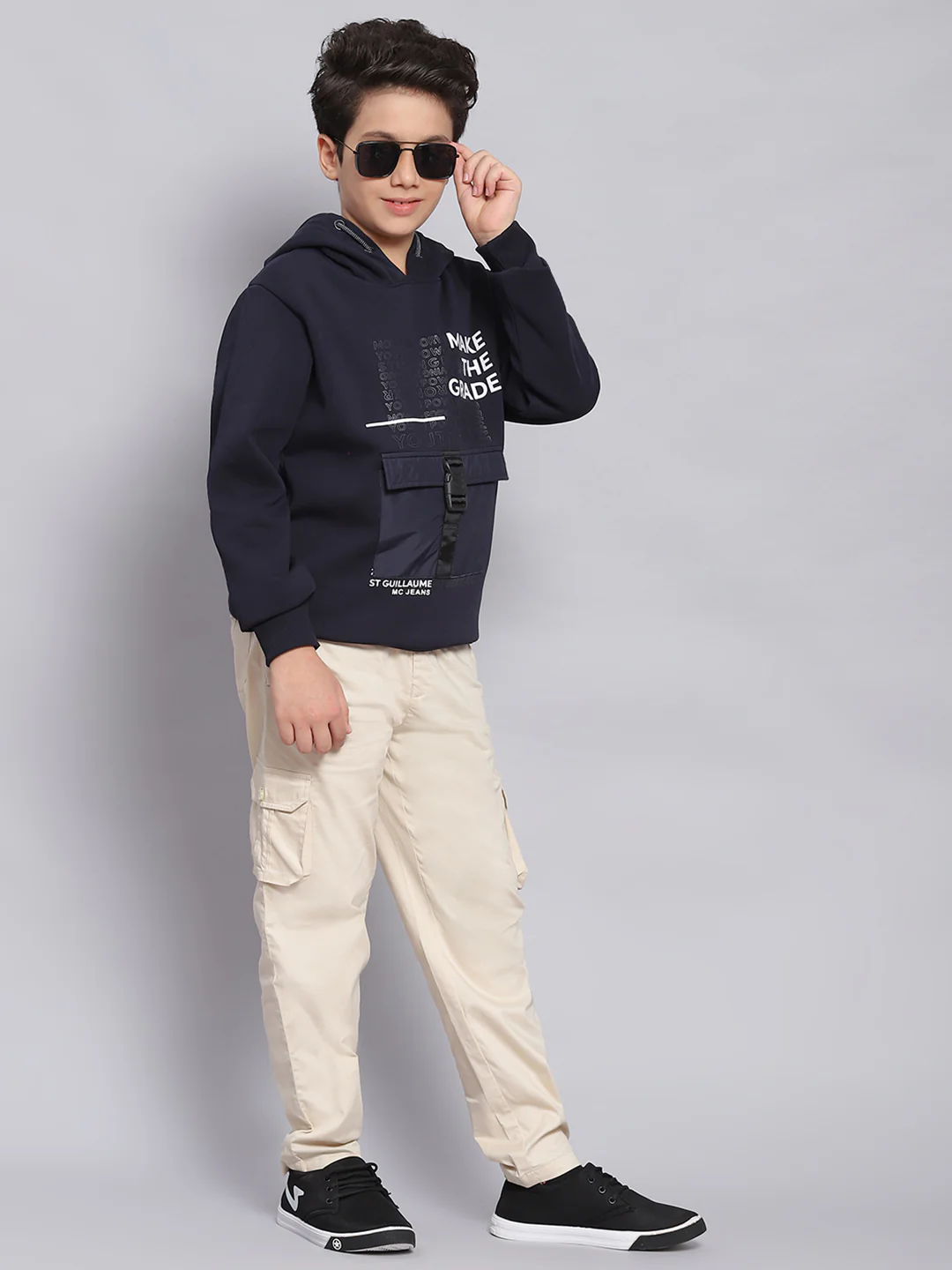 Boys Navy Blue Printed Hooded Full Sleeve Sweatshirt - Image 2