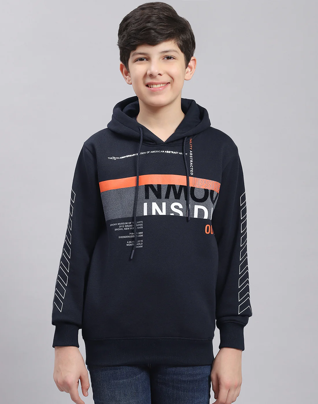 Boys Navy Blue Printed Hooded Full Sleeve Sweatshirt - Image 3