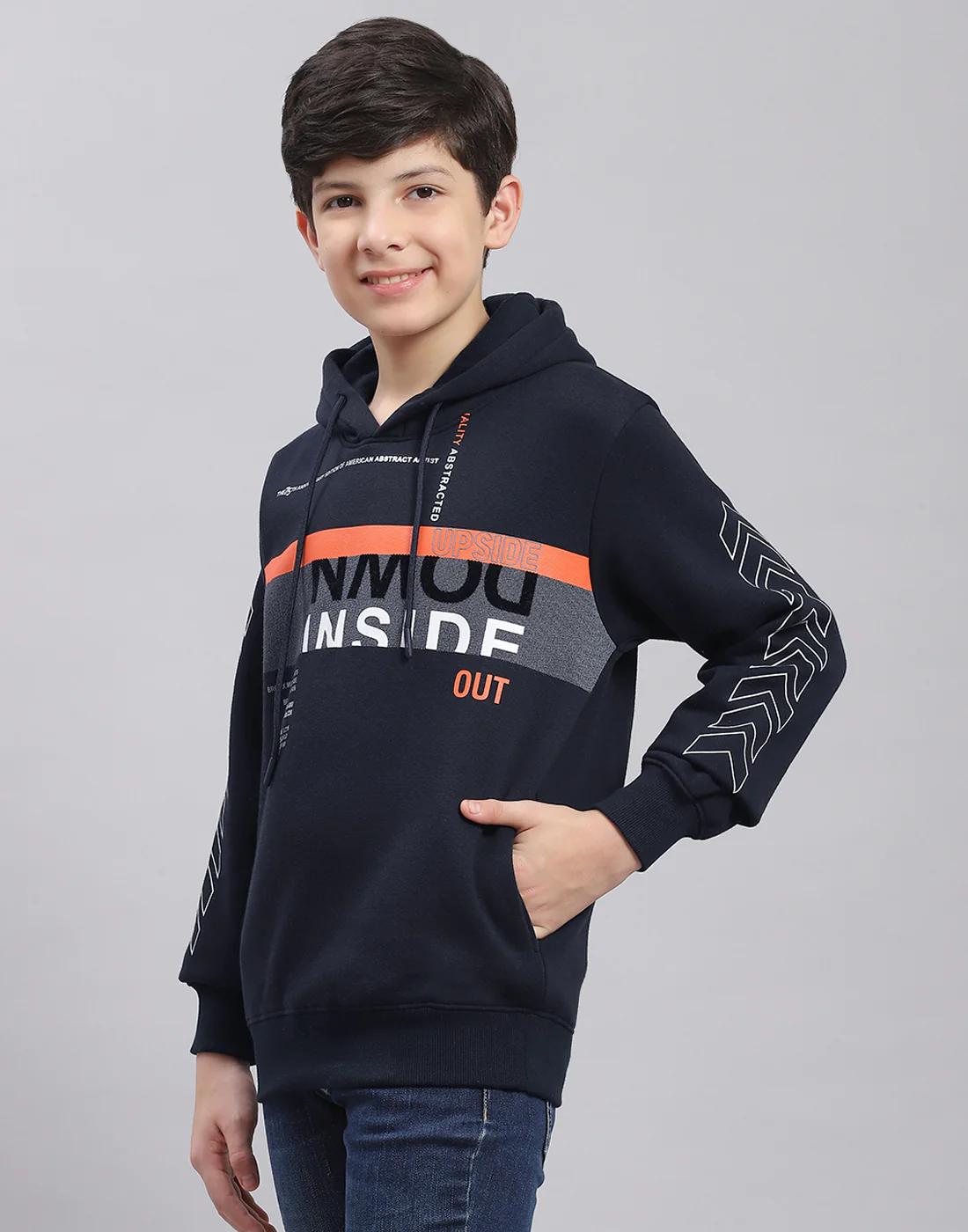 Boys Navy Blue Printed Hooded Full Sleeve Sweatshirt - Image 4