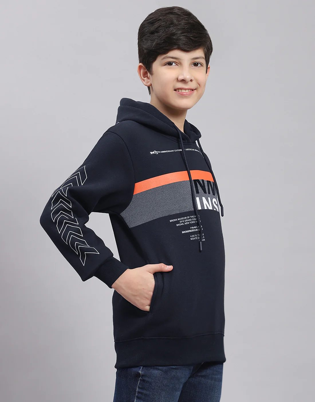 Boys Navy Blue Printed Hooded Full Sleeve Sweatshirt - Image 5