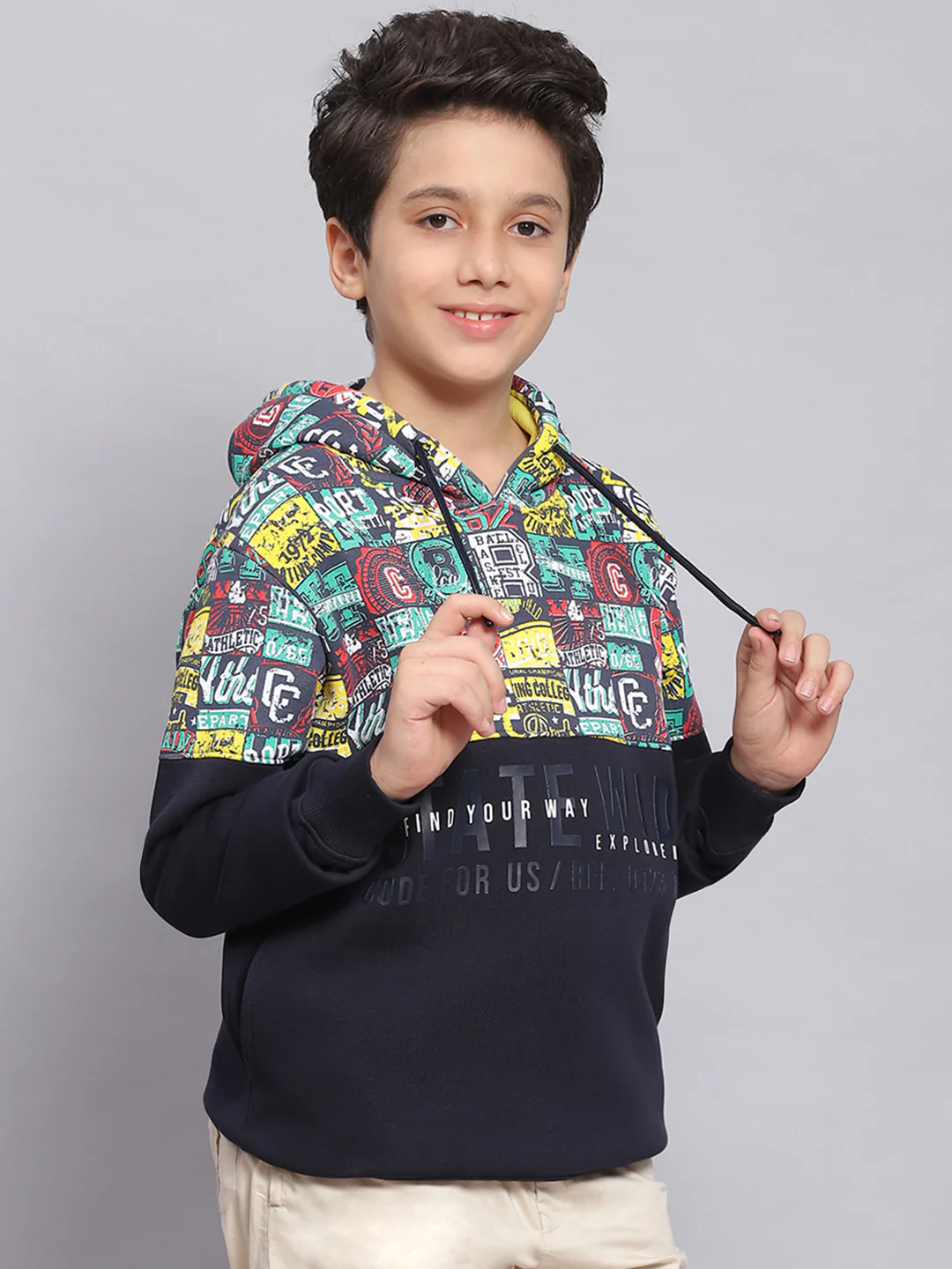 Boys Navy Blue Printed Hooded Full Sleeve Sweatshirt - Image 5