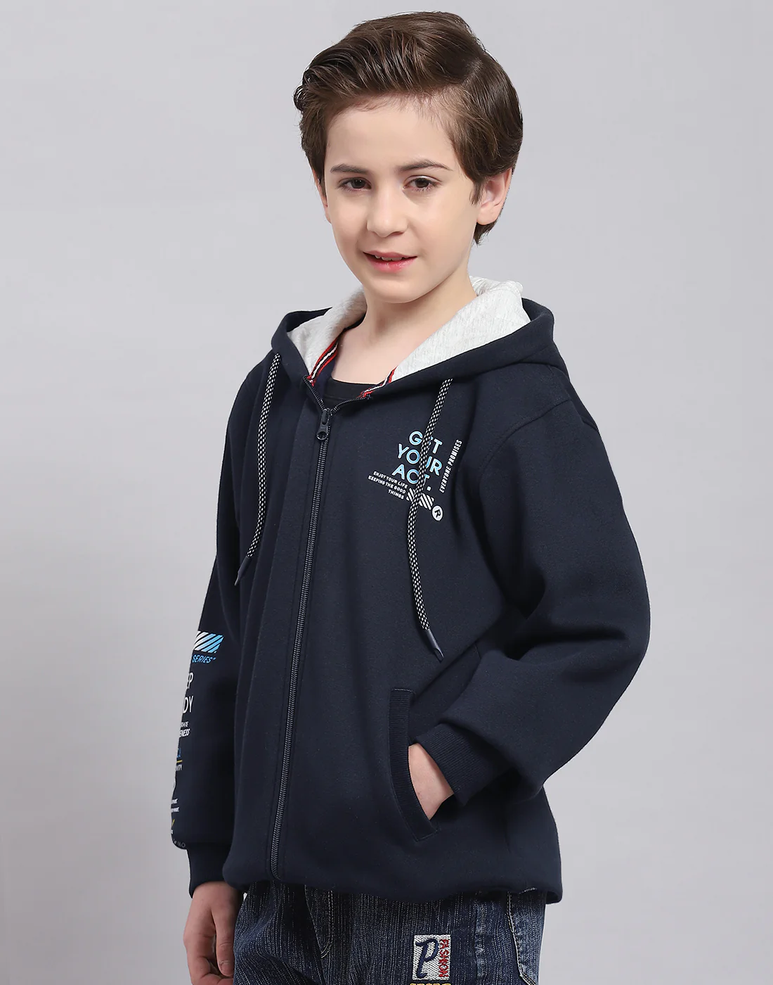 Boys Navy Blue Printed Hooded Full Sleeve Sweatshirt - Image 3