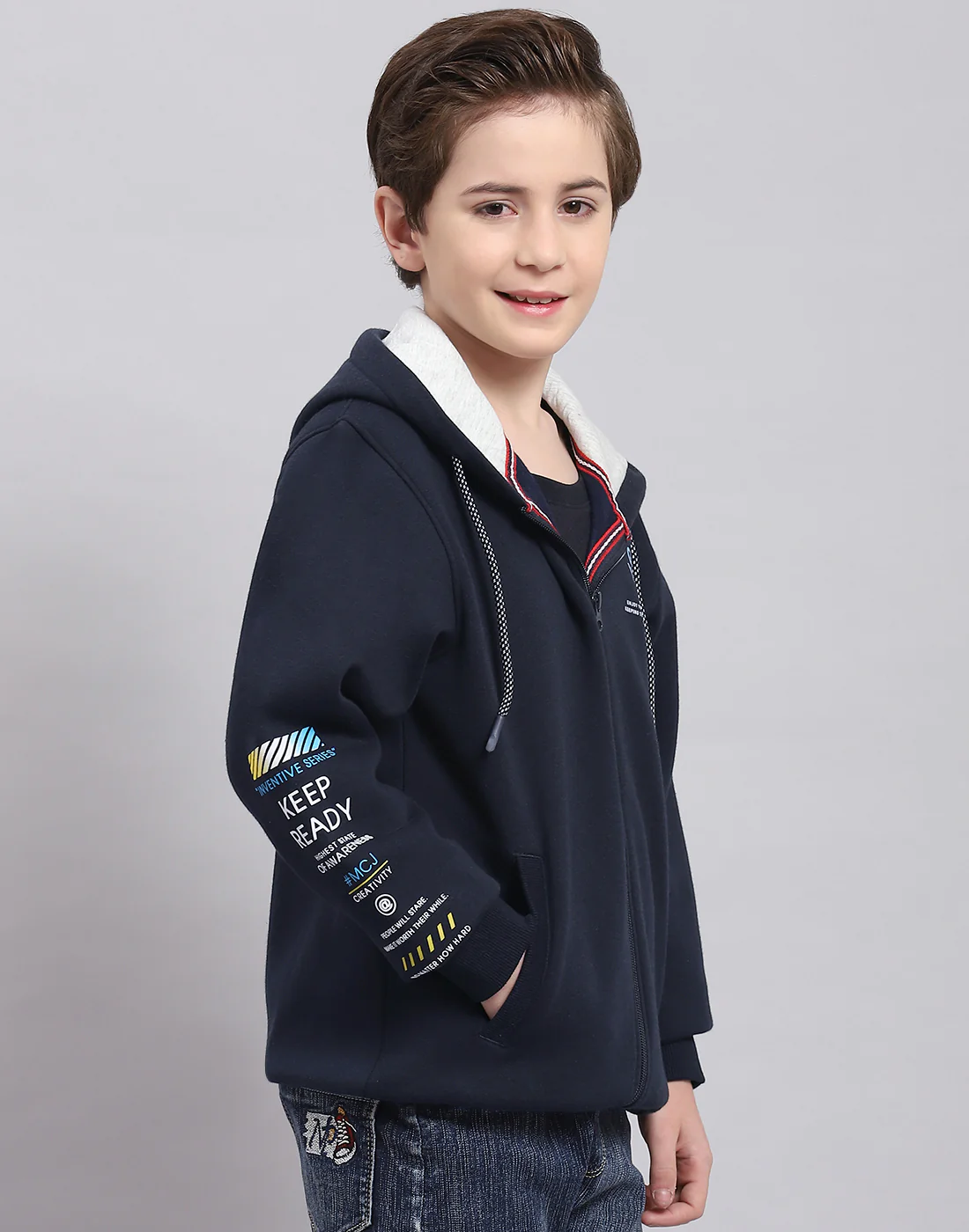Boys Navy Blue Printed Hooded Full Sleeve Sweatshirt - Image 4