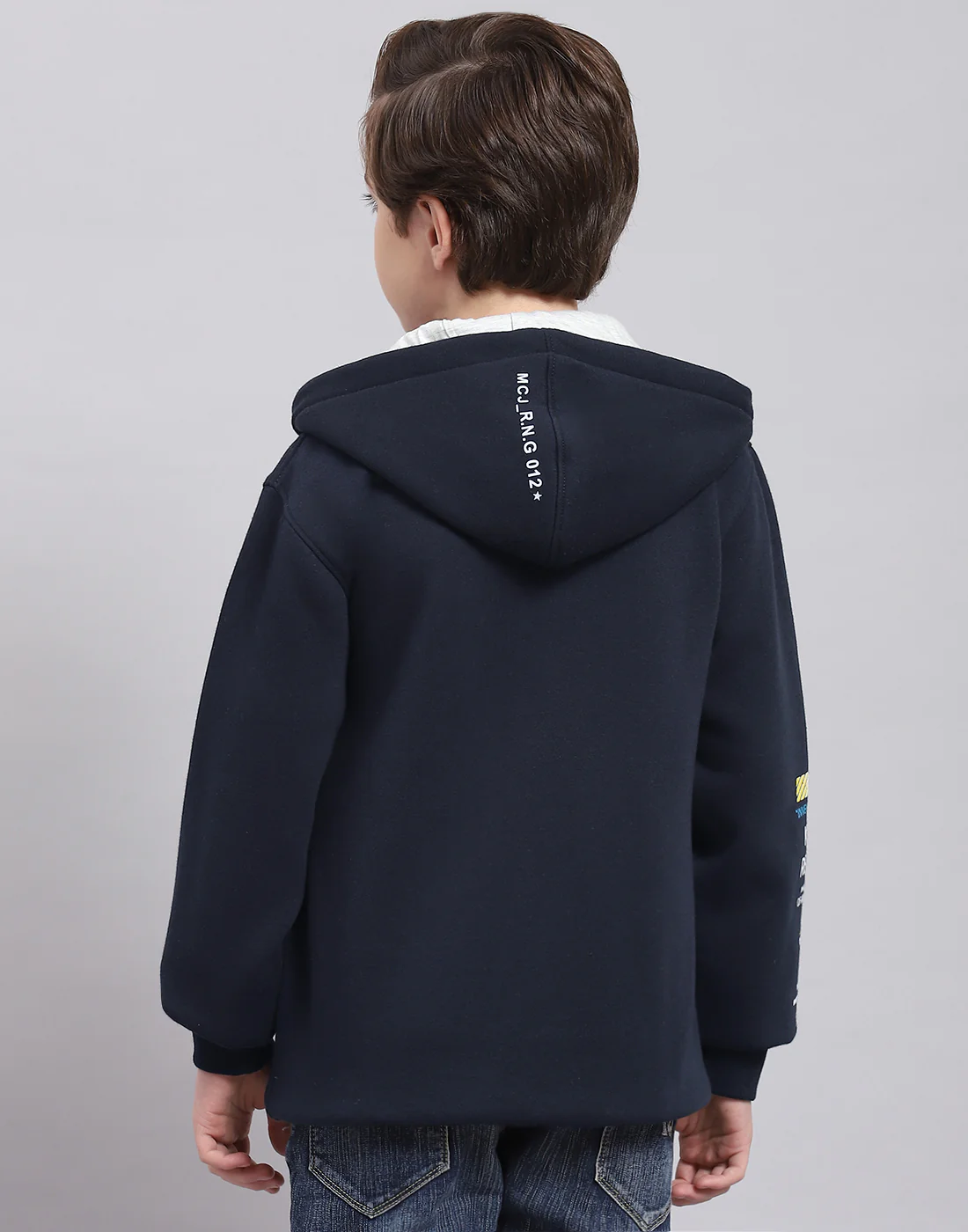 Boys Navy Blue Printed Hooded Full Sleeve Sweatshirt - Image 5