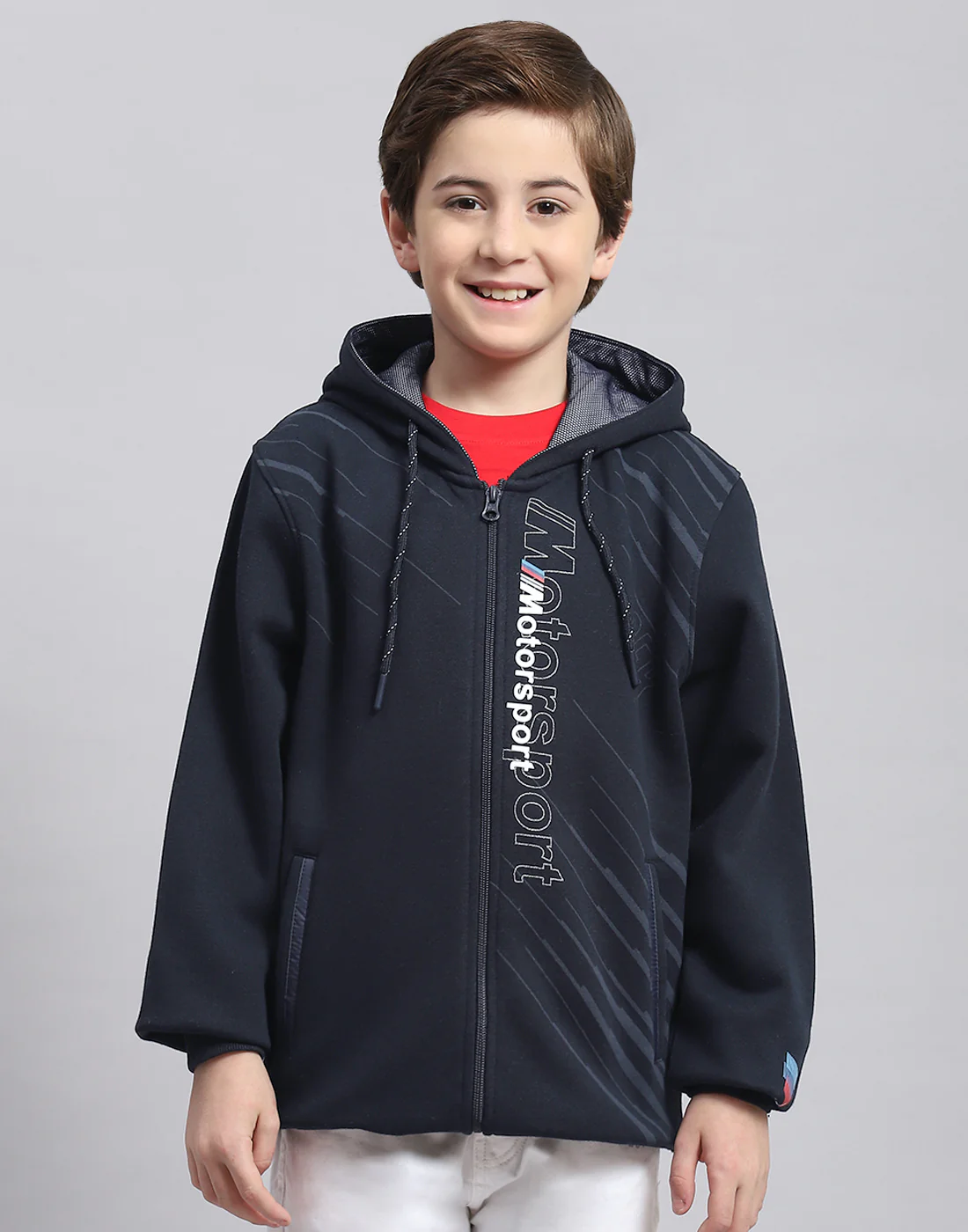 Boys Navy Blue Printed Hooded Full Sleeve Sweatshirt - Image 2
