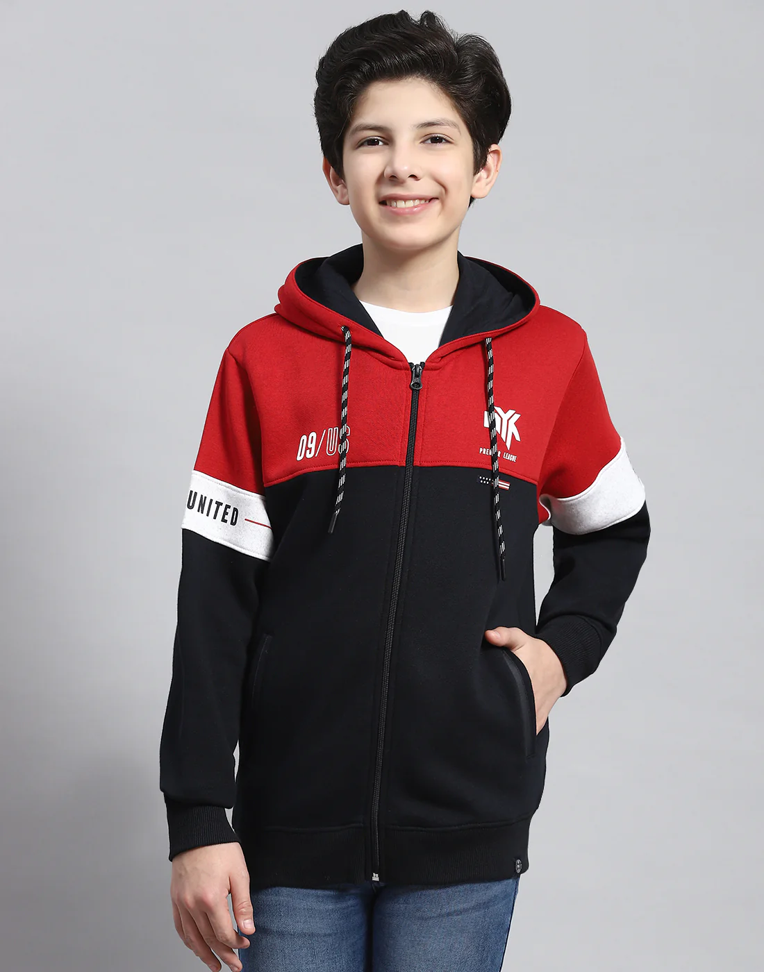 Boys Navy Blue Printed Hooded Full Sleeve Sweatshirt - Image 2