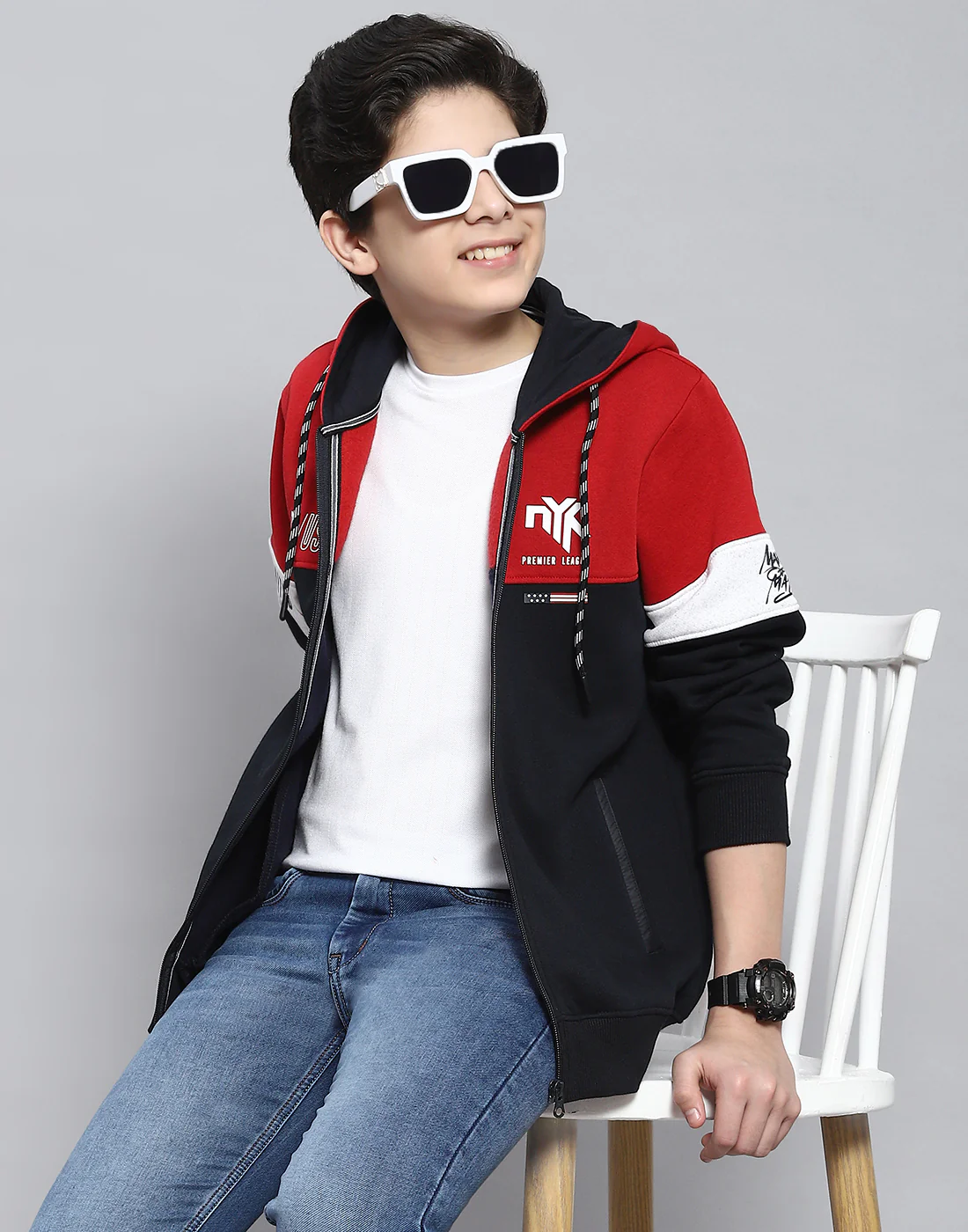 Boys Navy Blue Printed Hooded Full Sleeve Sweatshirt - Image 6