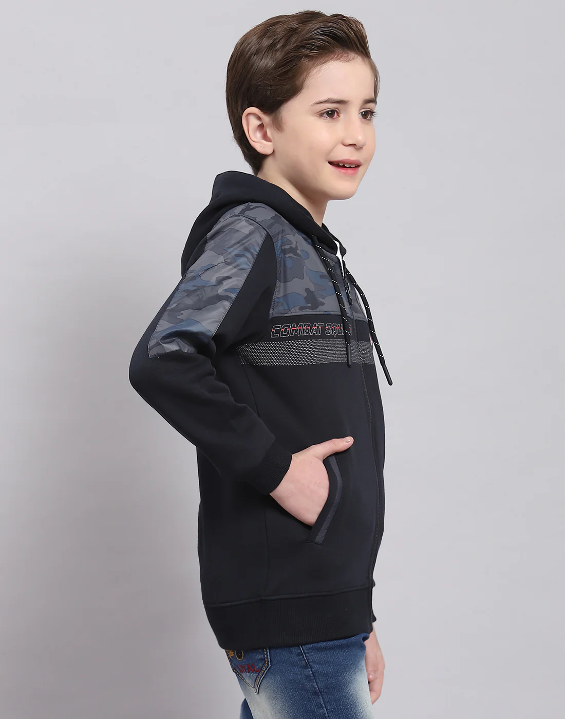 Boys Navy Blue Printed Hooded Full Sleeve Sweatshirt - Image 4
