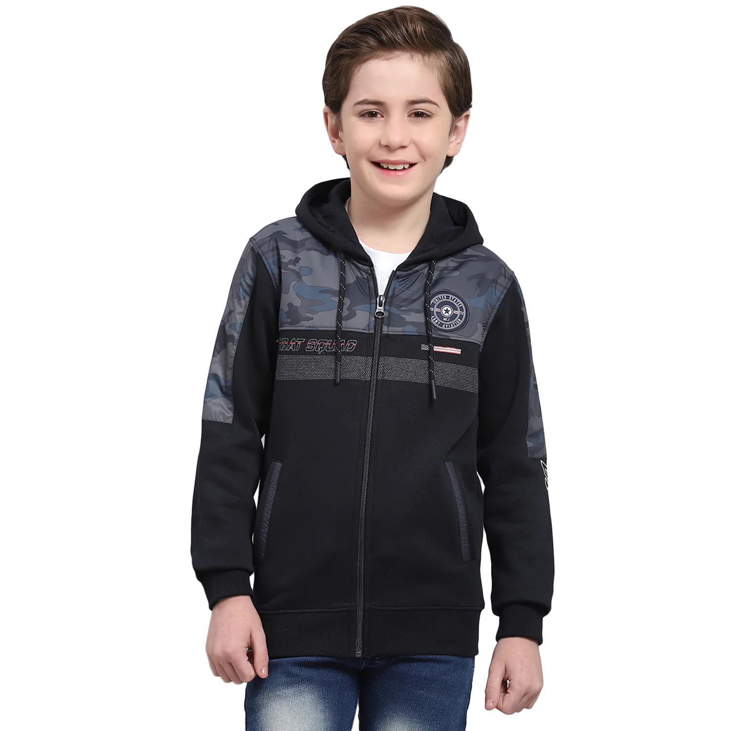 Boys Navy Blue Printed Hooded Full Sleeve Sweatshirt - Image 5