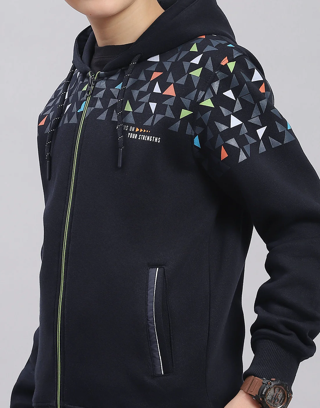 Boys Navy Blue Printed Hooded Full Sleeve Sweatshirt - Image 6