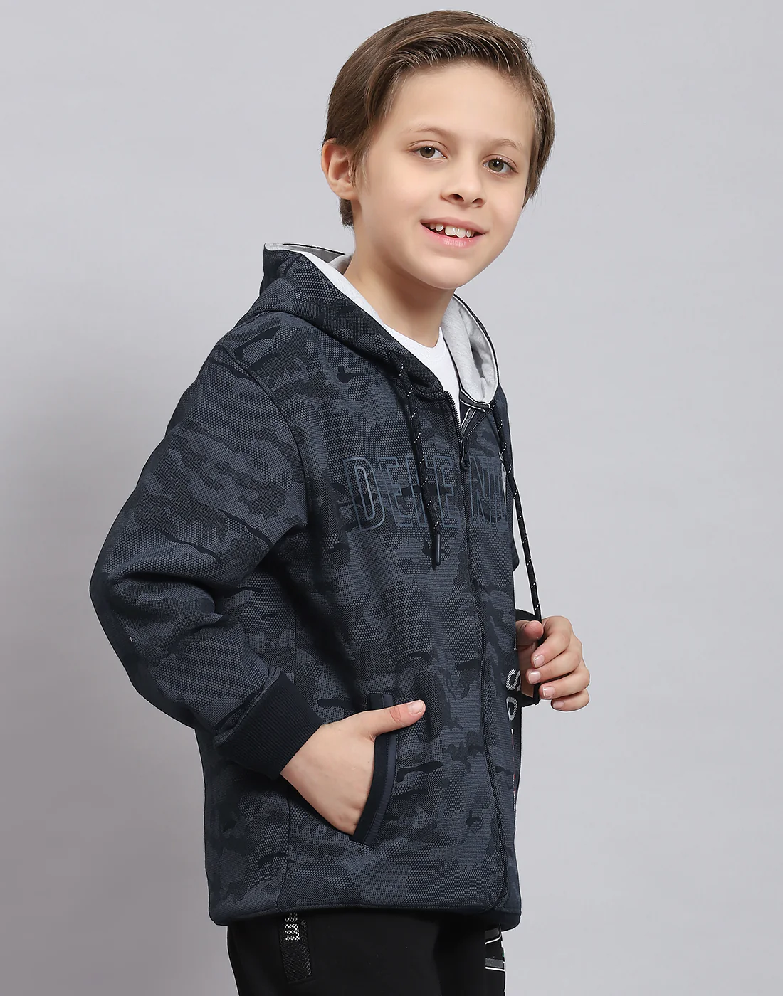Boys Navy Blue Printed Hooded Full Sleeve Sweatshirt - Image 4