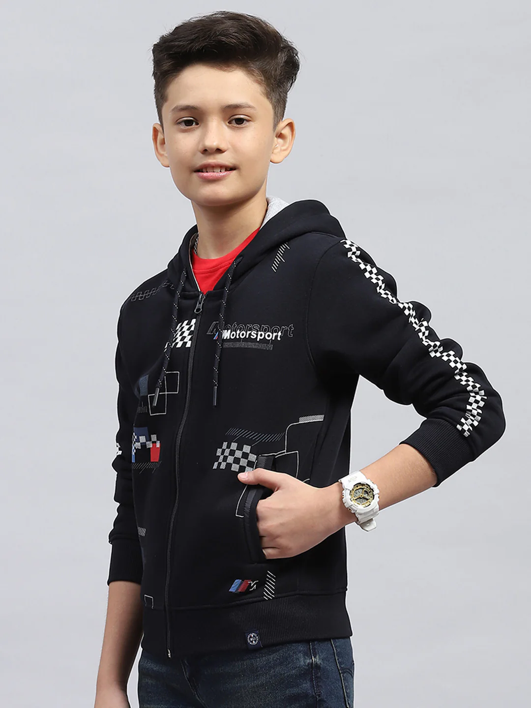 Boys Navy Blue Printed Hooded Full Sleeve Sweatshirt - Image 3
