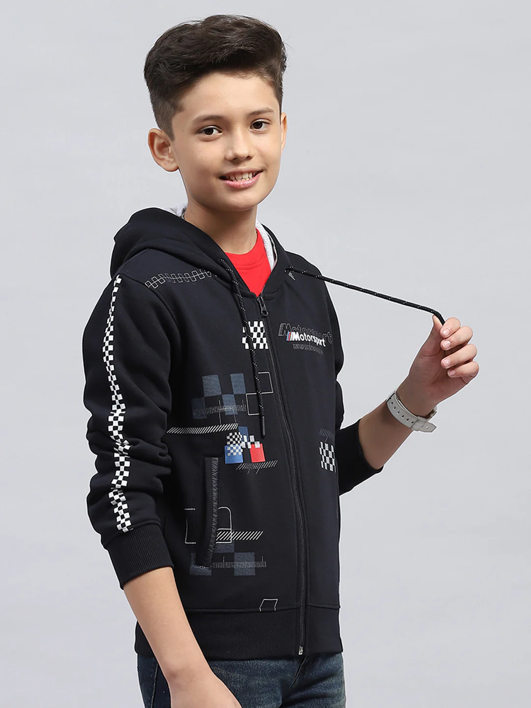Boys Navy Blue Printed Hooded Full Sleeve Sweatshirt - Image 4
