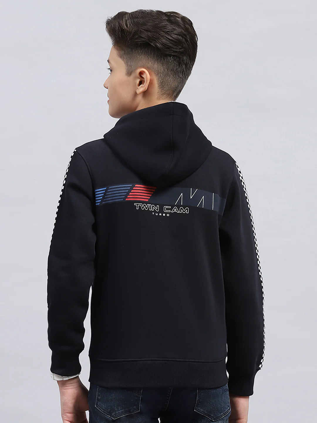 Boys Navy Blue Printed Hooded Full Sleeve Sweatshirt - Image 5