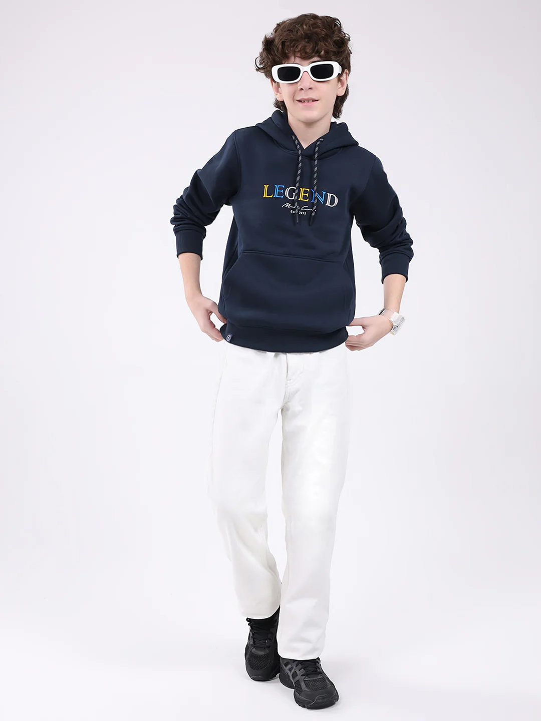 Boys Navy Blue Printed Hooded Full Sleeve Sweatshirt - Image 2