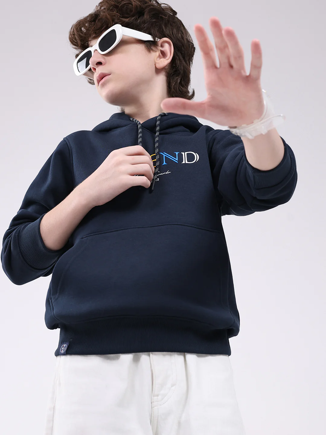 Boys Navy Blue Printed Hooded Full Sleeve Sweatshirt - Image 6
