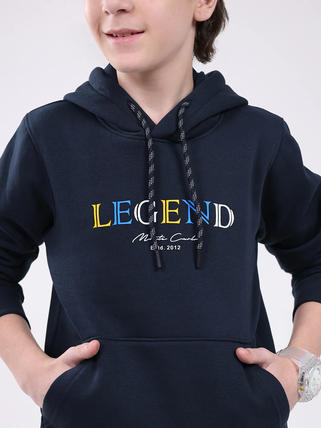 Boys Navy Blue Printed Hooded Full Sleeve Sweatshirt - Image 8
