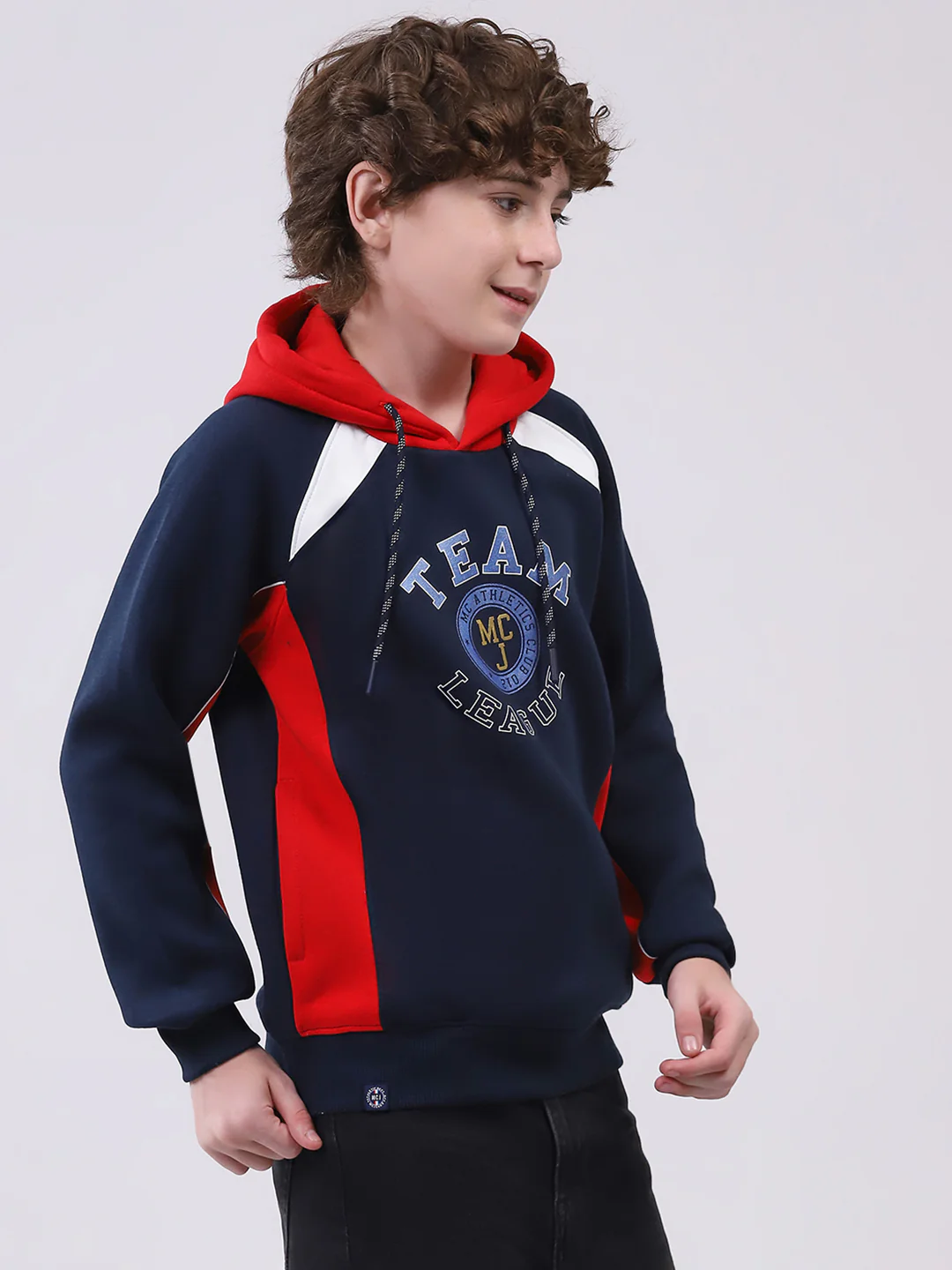Boys Navy Blue Printed Hooded Full Sleeve Sweatshirt - Image 4