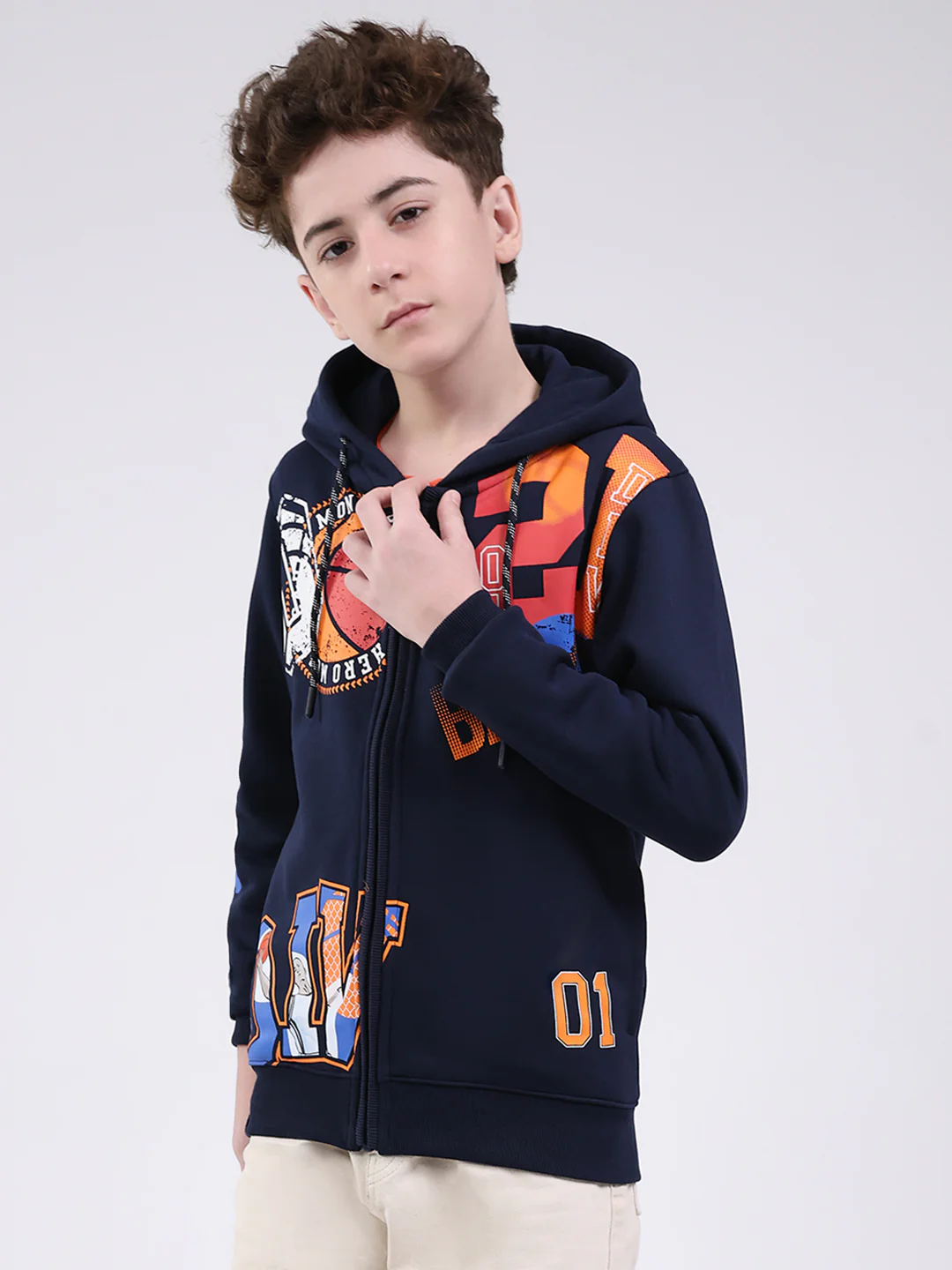 Boys Navy Blue Printed Hooded Full Sleeve Sweatshirt - Image 3