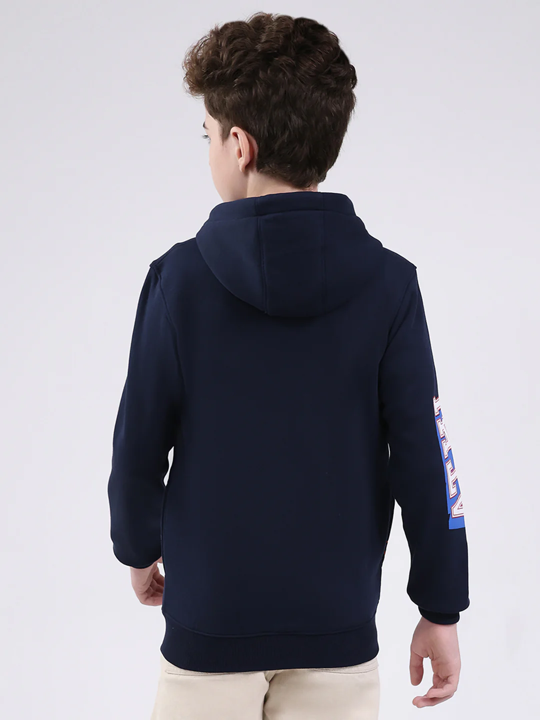 Boys Navy Blue Printed Hooded Full Sleeve Sweatshirt - Image 5