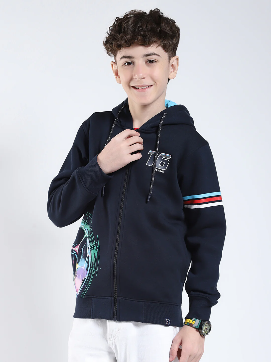 Boys Navy Blue Printed Hooded Full Sleeve Sweatshirt - Image 3