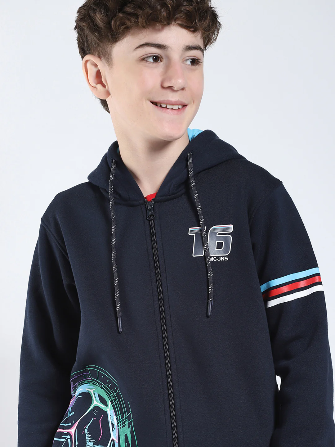 Boys Navy Blue Printed Hooded Full Sleeve Sweatshirt - Image 6