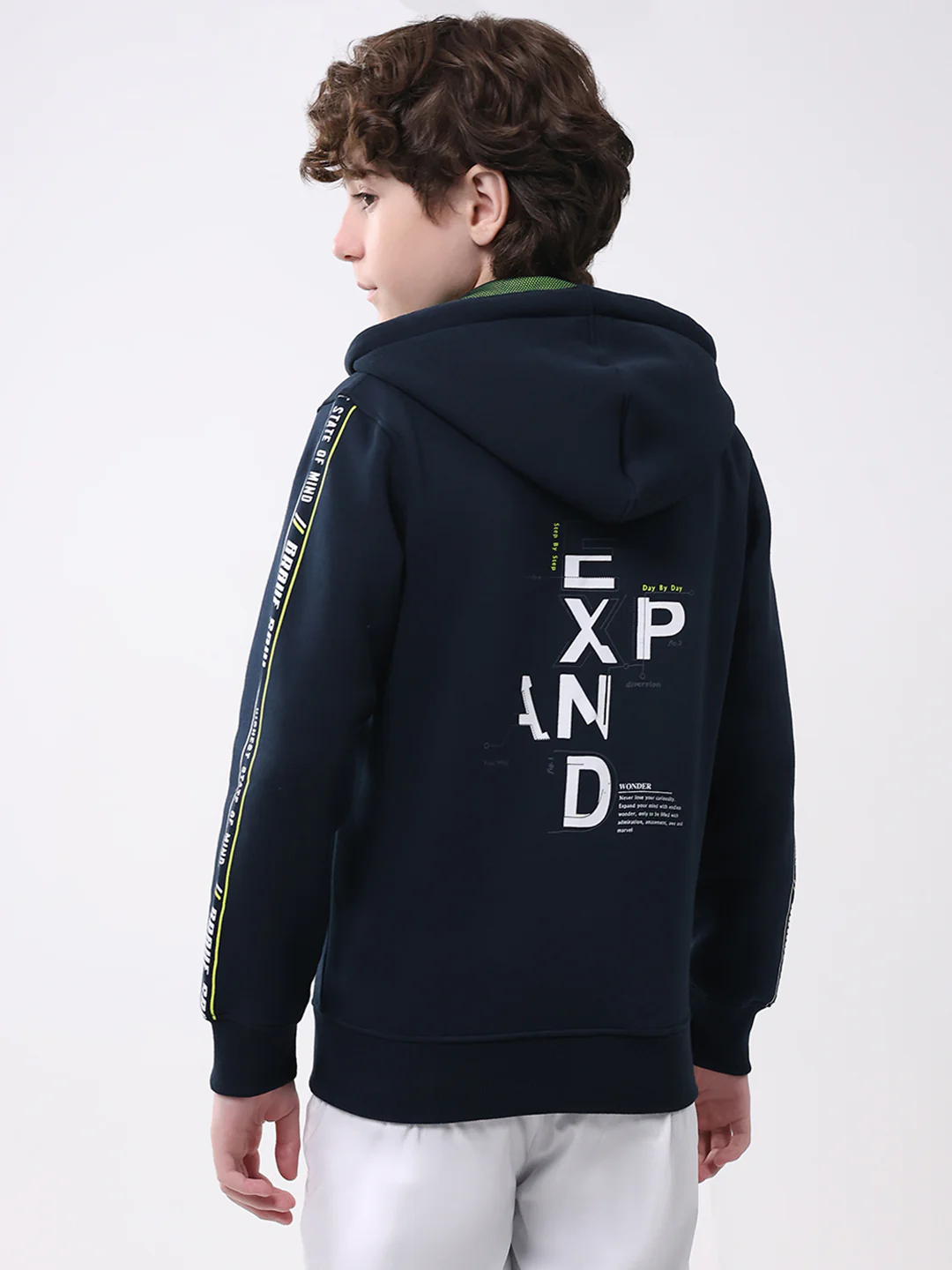 Boys Navy Blue Printed Hooded Full Sleeve Sweatshirt - Image 5