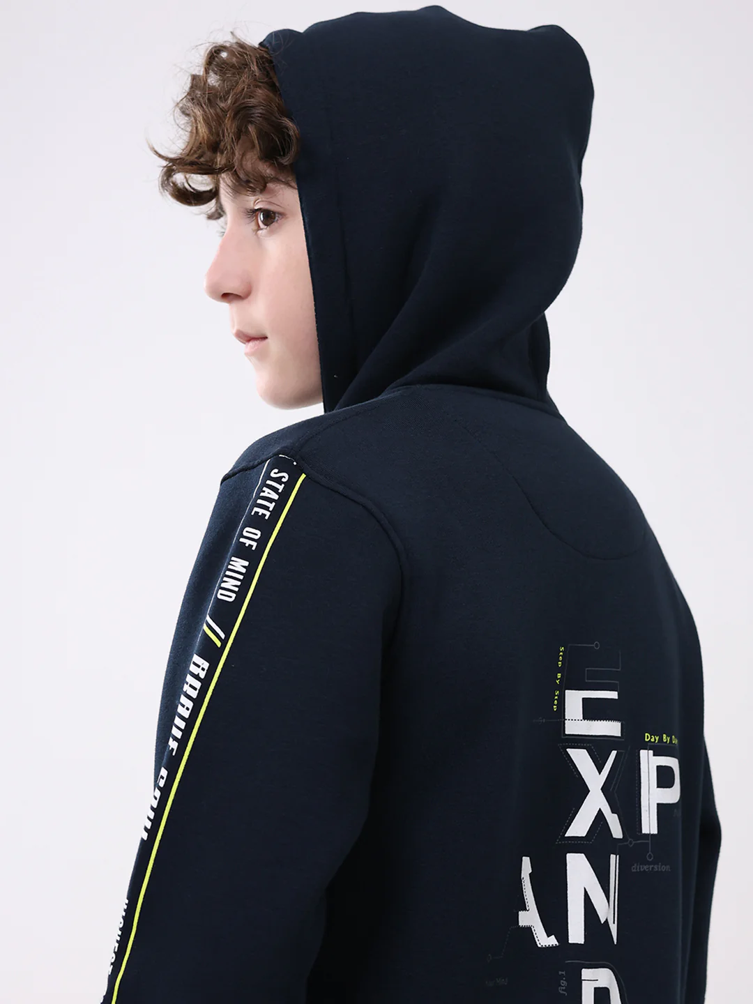 Boys Navy Blue Printed Hooded Full Sleeve Sweatshirt - Image 7