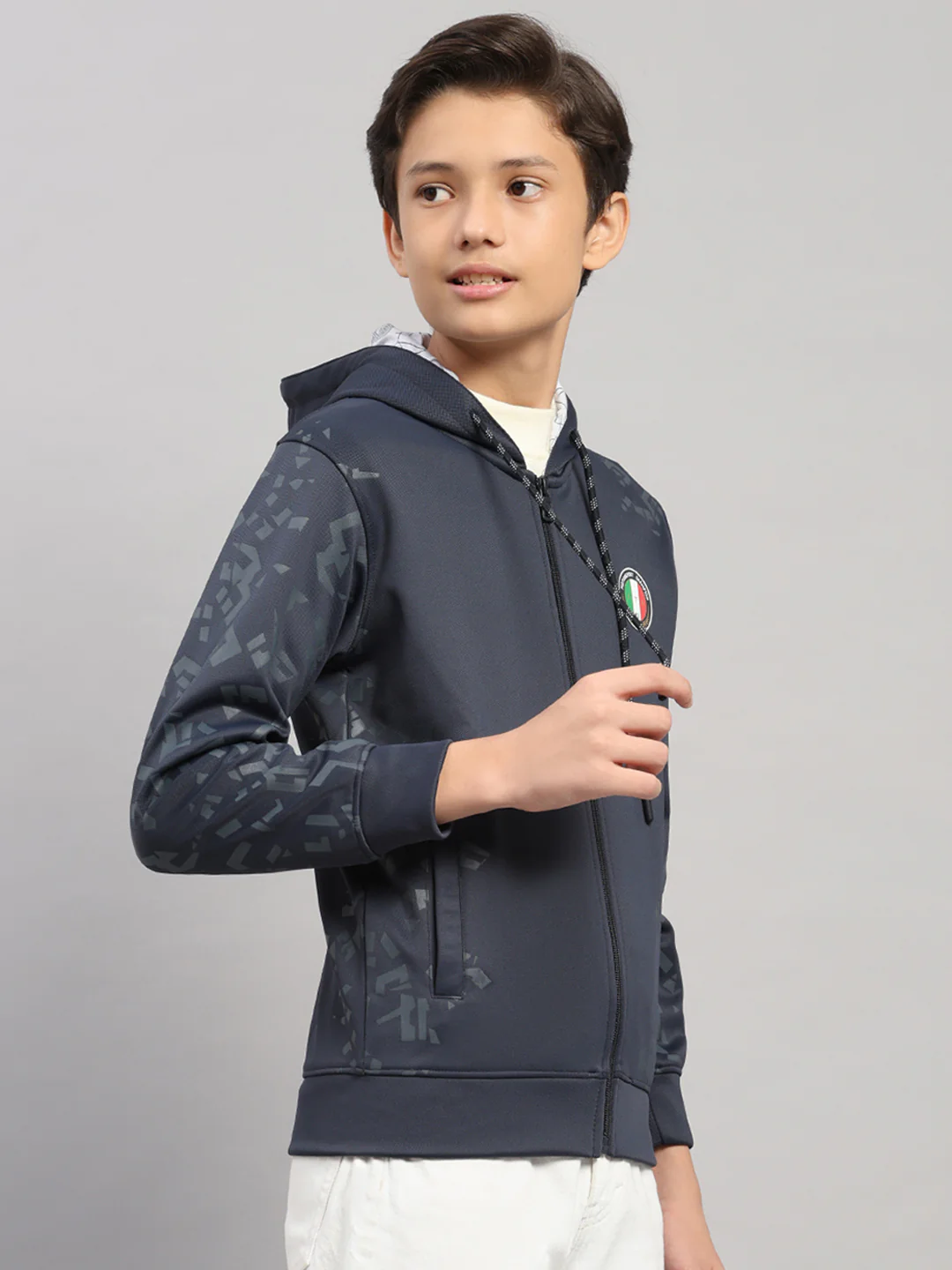 Boys Navy Blue Printed Hooded Full Sleeve Sweatshirt - Image 4