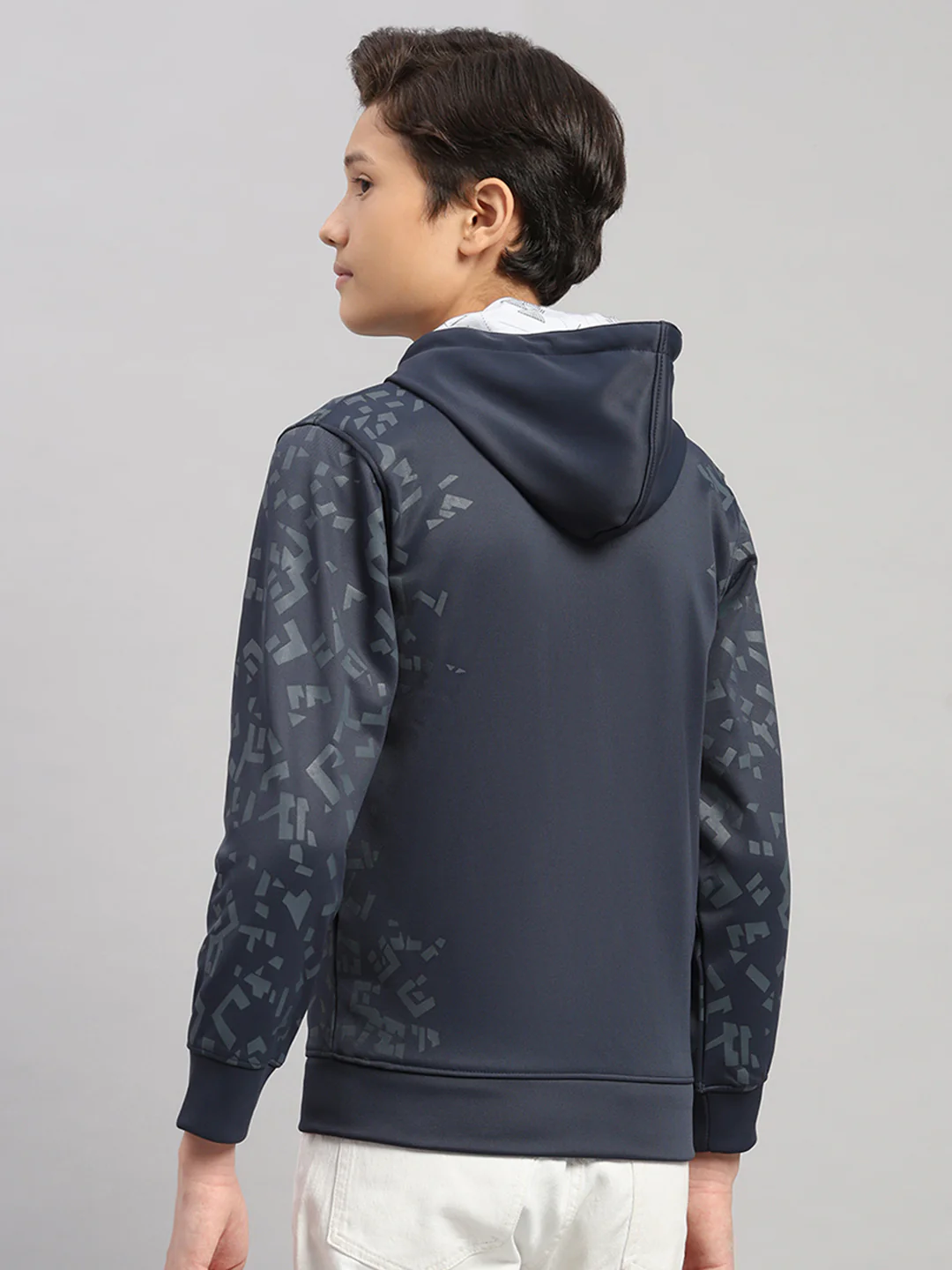 Boys Navy Blue Printed Hooded Full Sleeve Sweatshirt - Image 5